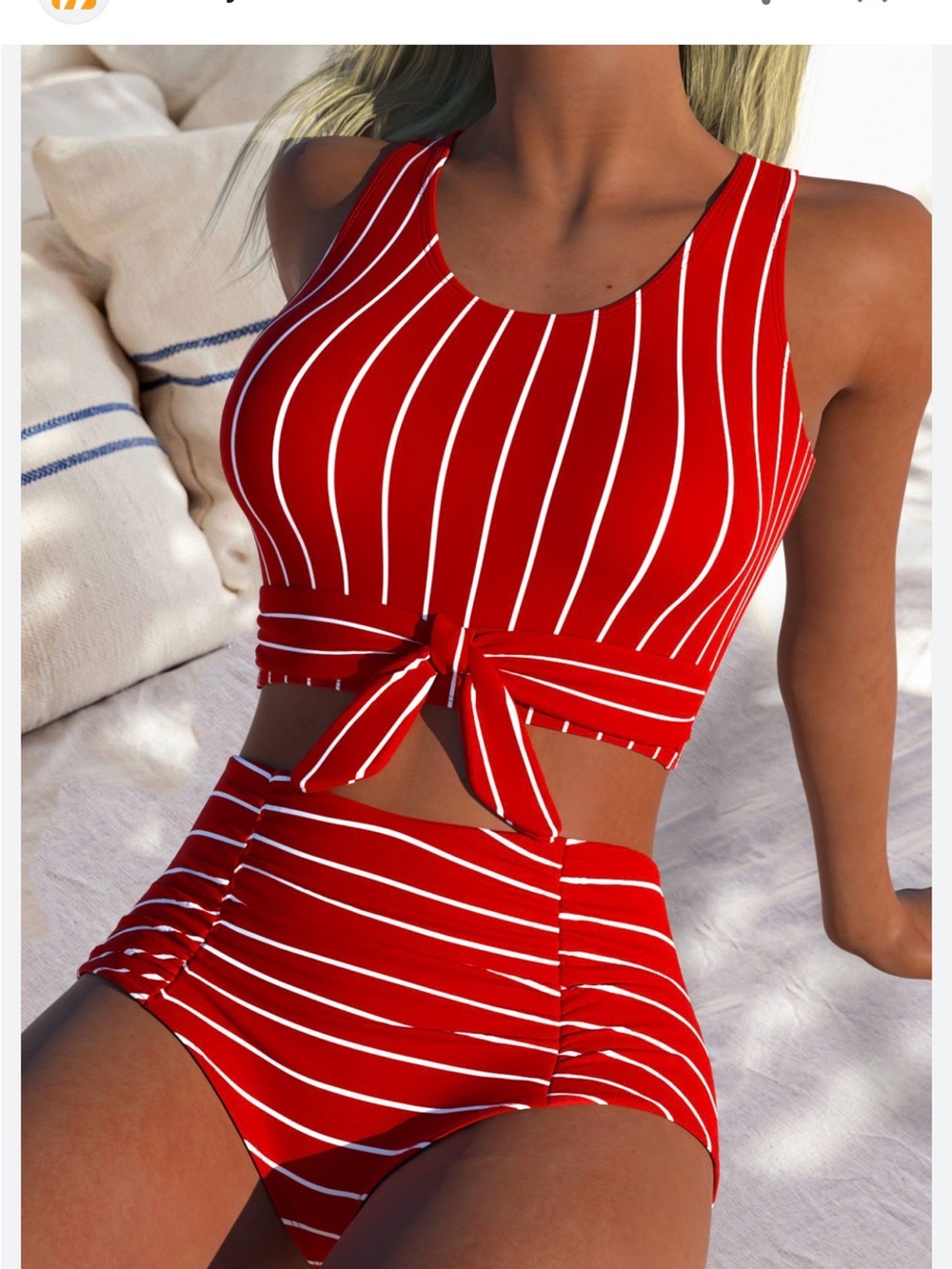 Red Striped Tie-Front High-Waist Bikini - Women Swim